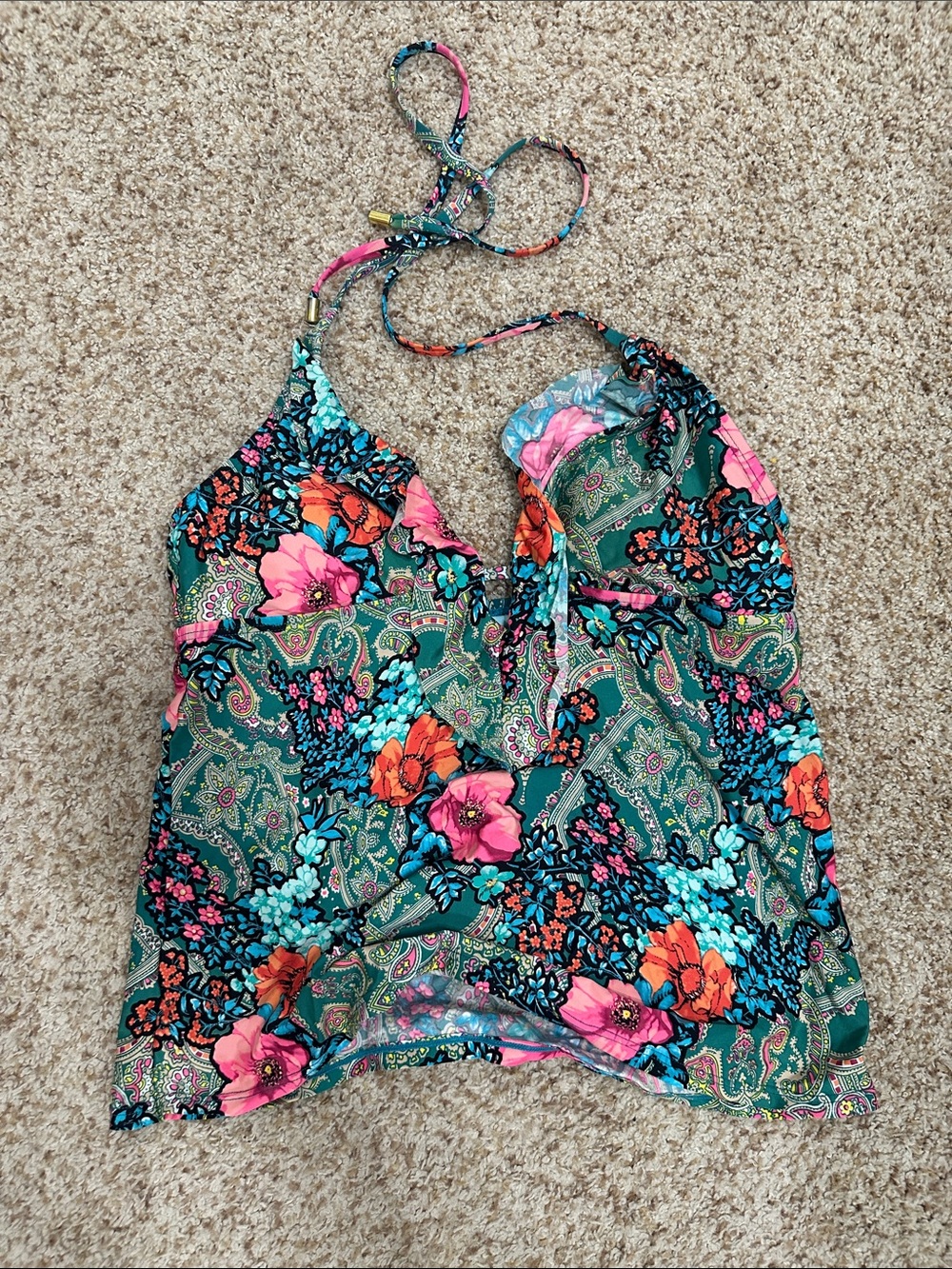 Floral Paisley Halter Swim Tankini Top - Green Pink Orange